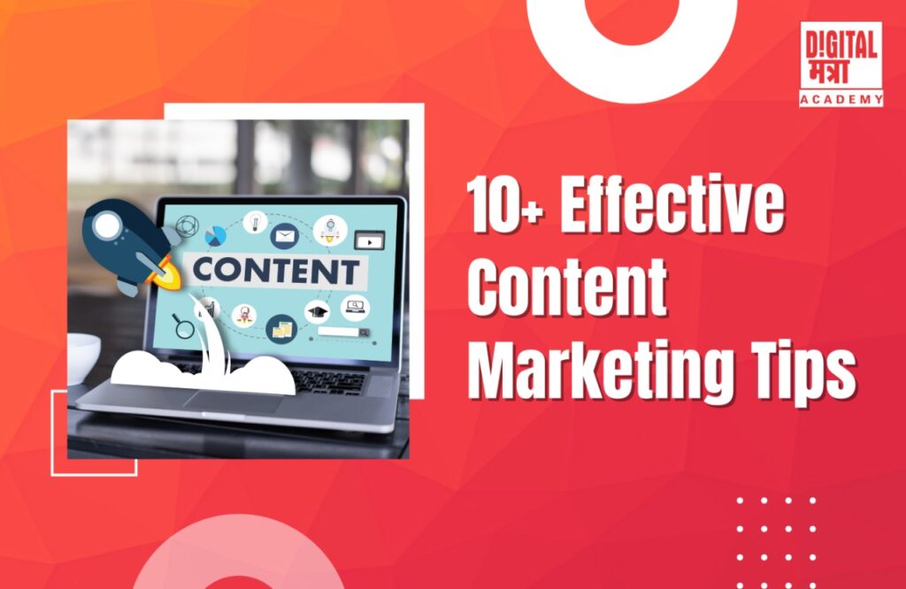 a red background image contain "10+ effective content marketing tips" as title on right side however on left side a image of pc display Content name