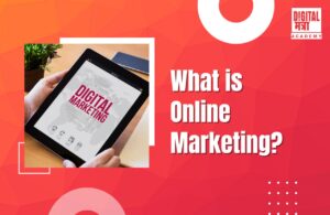 a red background image and searching on tablet written in What is Online Marketing
