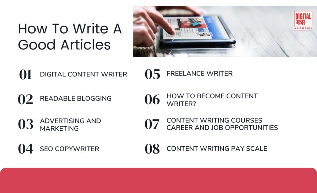 an white backgrounded infographic abut how to write a good article in this image we discussed about 8 steps to write an brilliant content