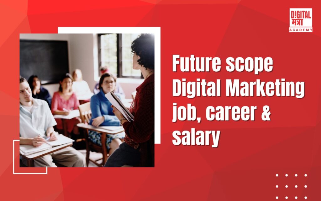 red backgrounded image showing a teacher teaching to student about digital marketing future